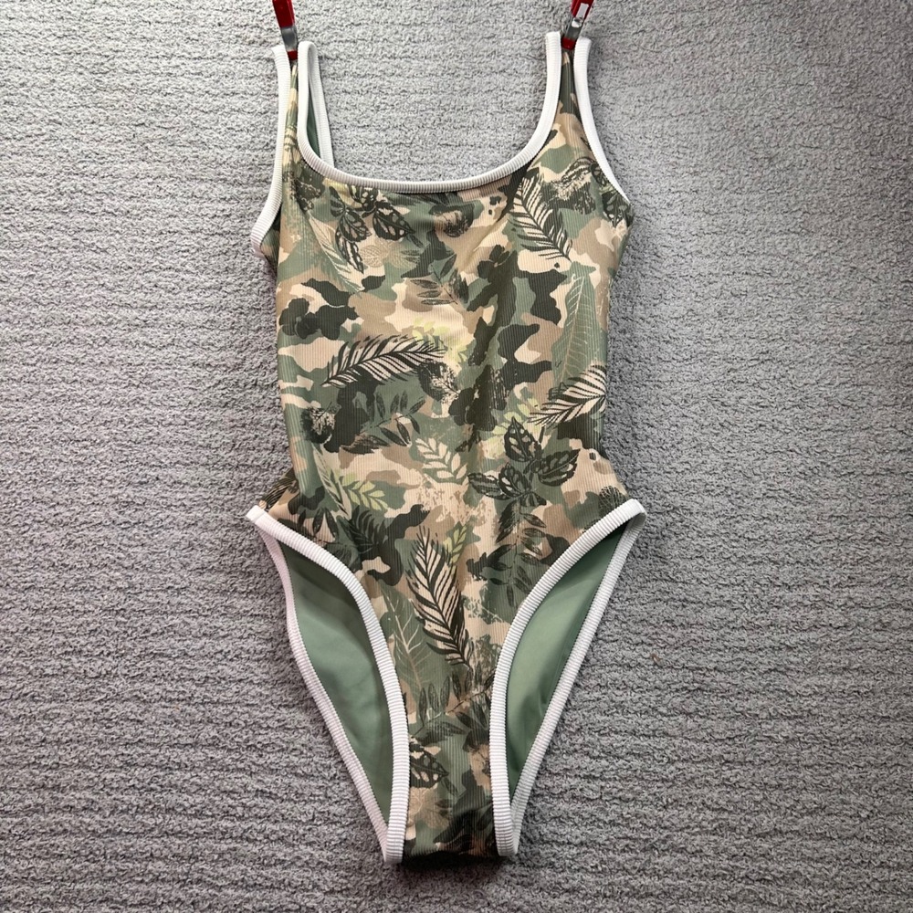 LainSnow One Piece Swimsuit Camo Tropical XS Ribbed High Cut Beach Sporty Boho
